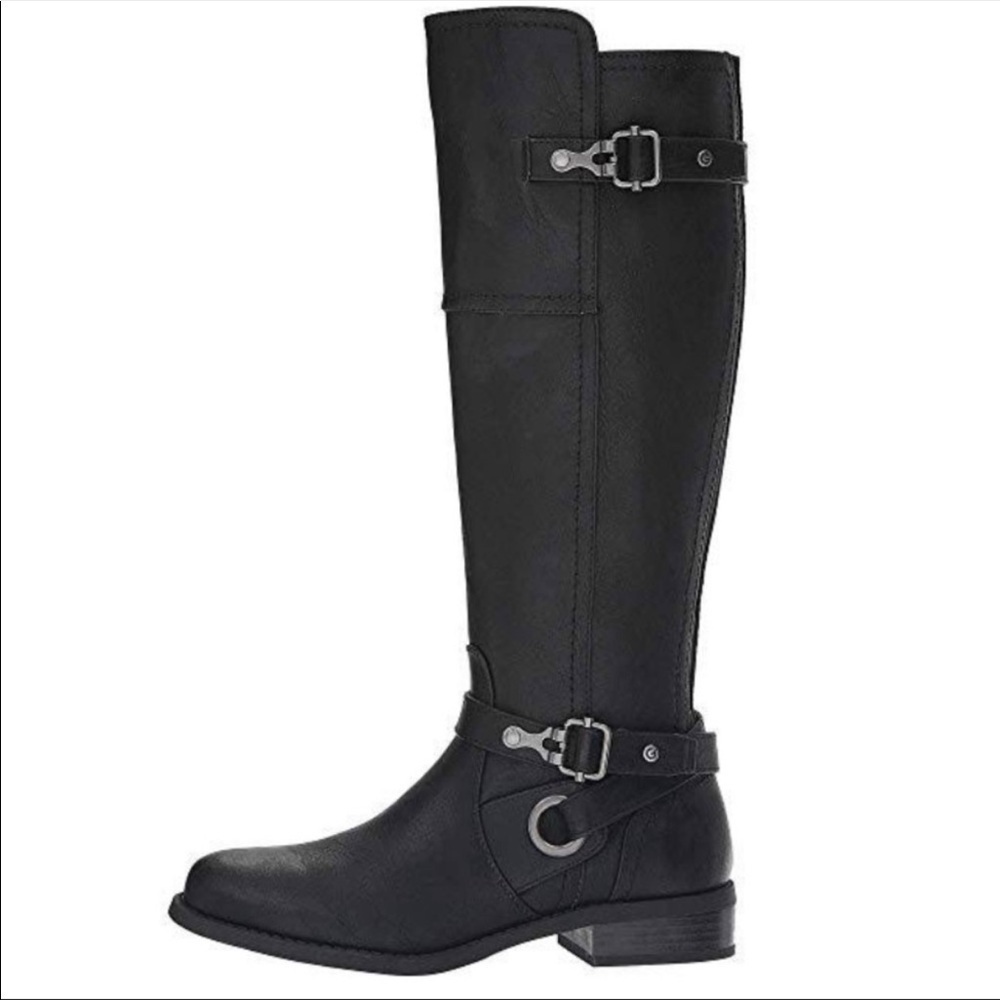 G by Guess Black Ridding Boots Wide Calf Harvest Tall Buckle Stacked Heel Rocker